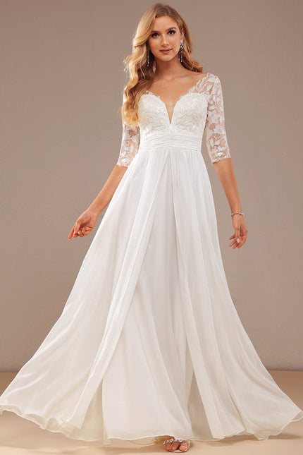 Robe Nuptiale Fluide À Manches En Dentelle - gallery 4