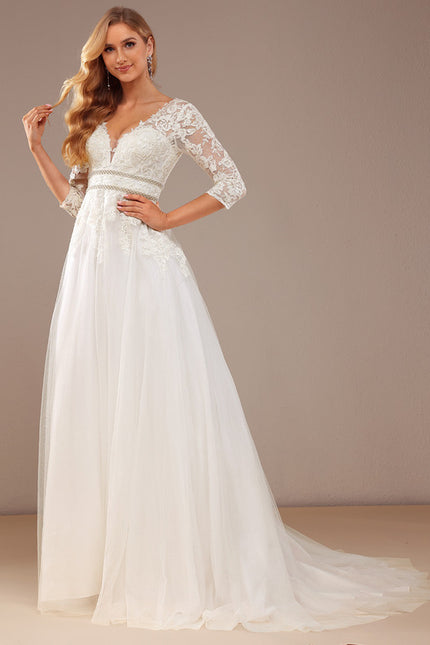Robe Nuptiale Élégante À Manches En Dentelle - gallery 6