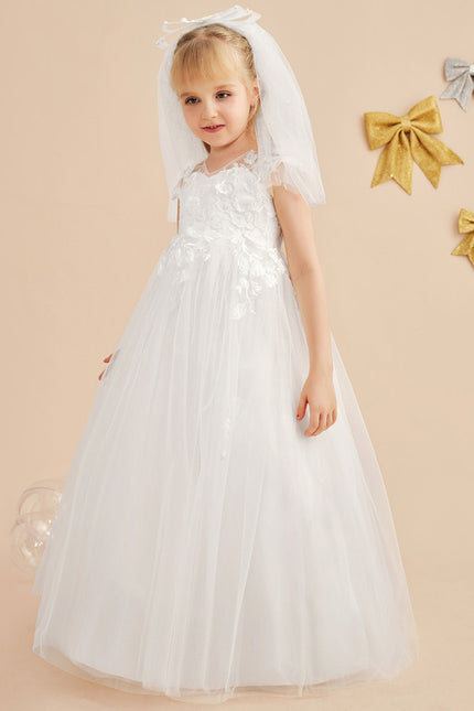 Robe Enfant Florale En Tulle Blanc - gallery 4