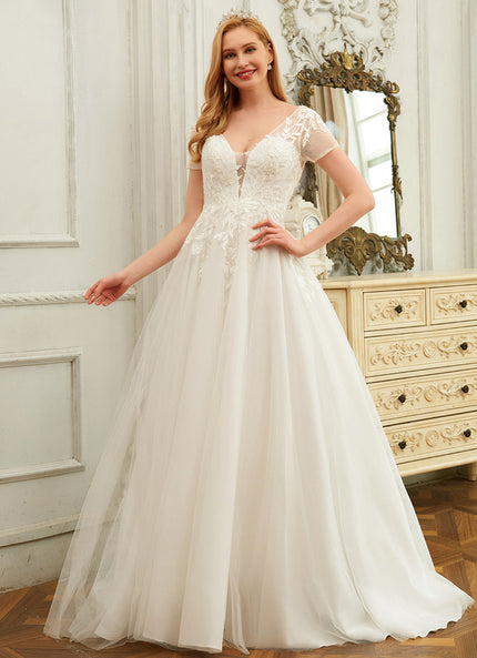 Robe Nuptiale Romantique À Manches Courtes