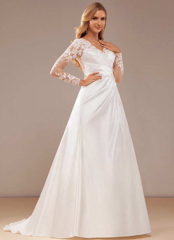 Robe Nuptiale Satinée À Manches Longues - gallery 5