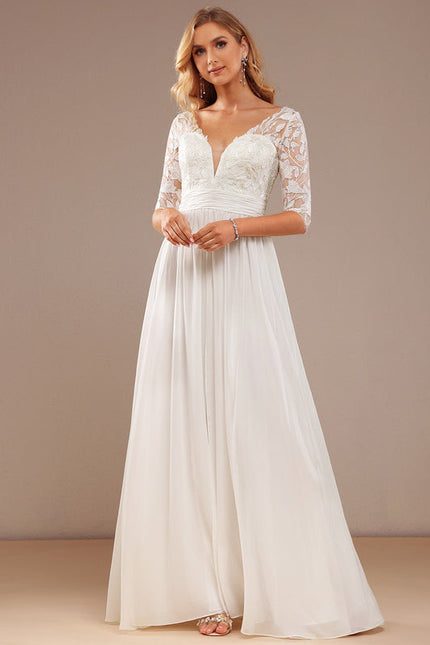 Robe Nuptiale Fluide À Manches En Dentelle - gallery 3