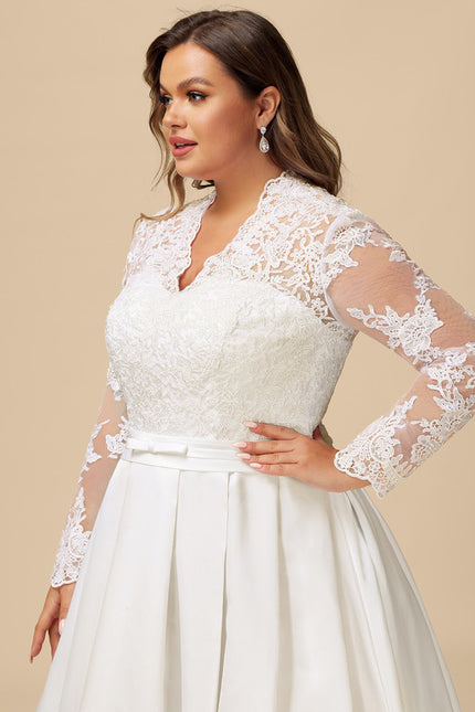 Robe Nuptiale Satinée À Manches En Dentelle - gallery 8