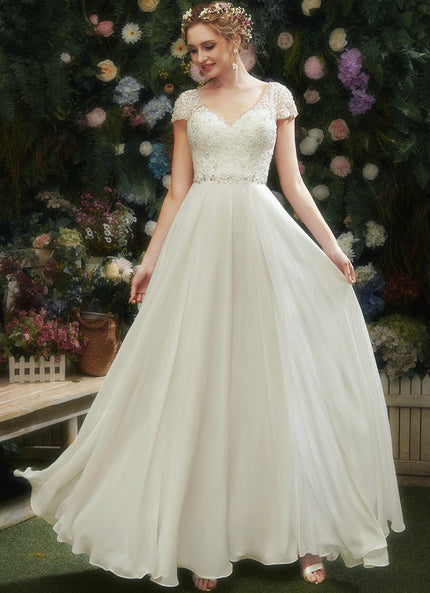 Robe Nuptiale Vaporeuse À Manches Courtes