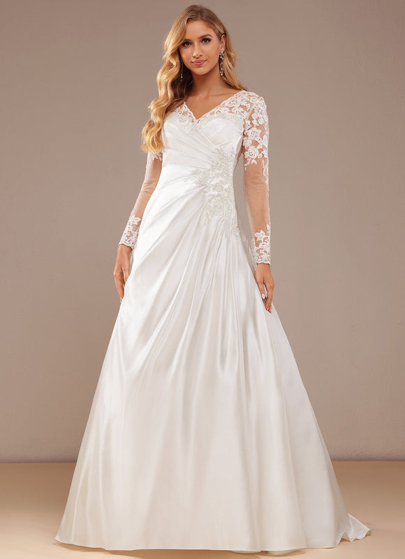 Robe Nuptiale Satinée À Manches Longues - gallery 4